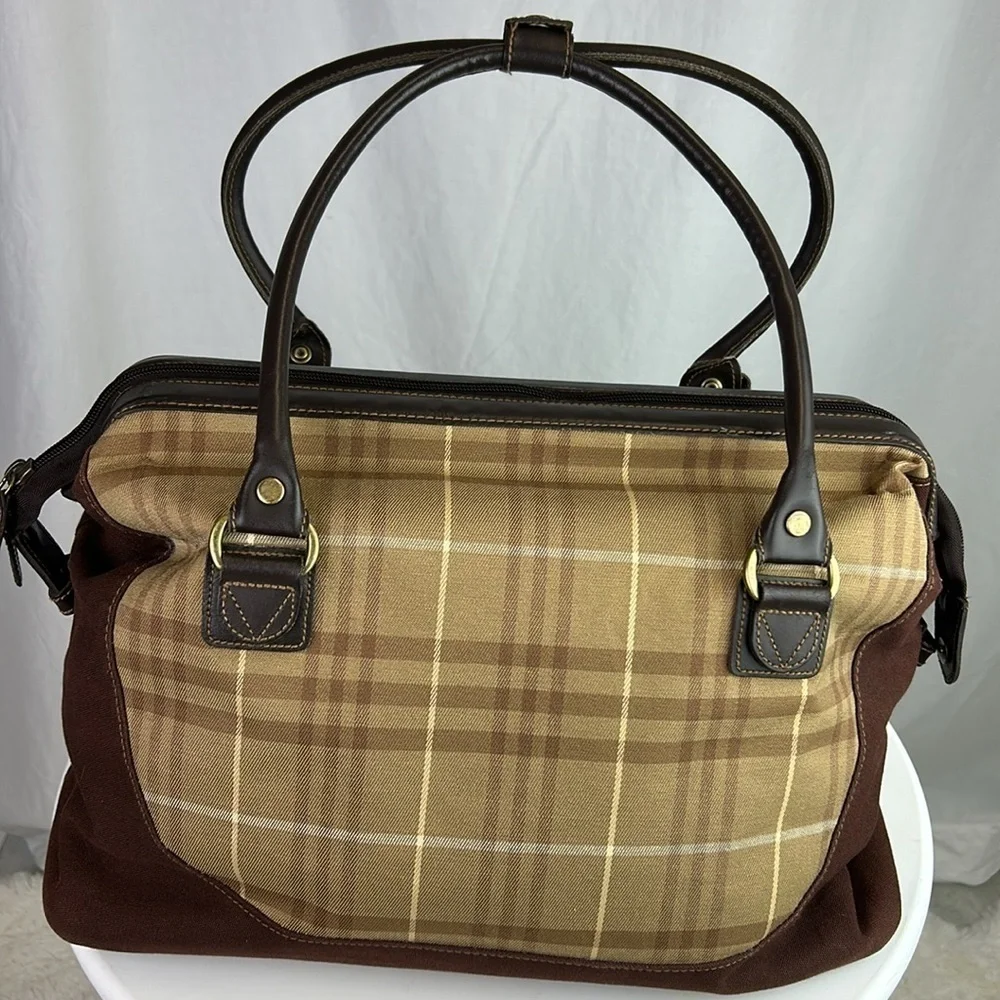 Eddie Bauer Classic Vintage Plaid Traveler Bag Luggage  Leather Trim & H…